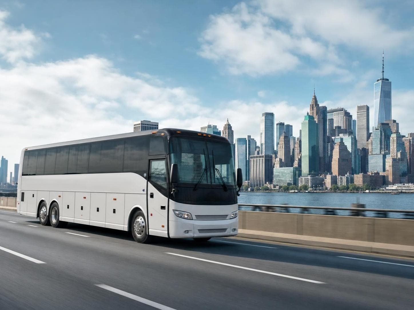 Charter coach on a tri-state highway with the New York City skyline in the background